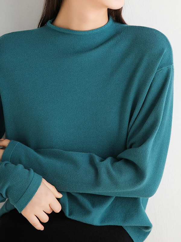 Blue Round Neck Solid Color Knit Sweaters