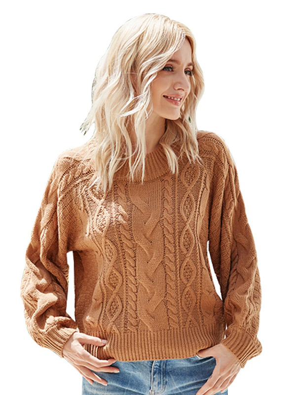 Brown Round Neck Twisted Flower Pattern Knit Sweaters