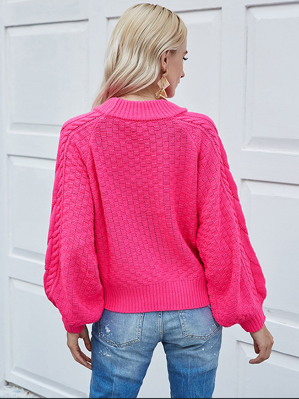 Florescence Pink Round Neck Twisted Flower Pattern Knit Sweaters