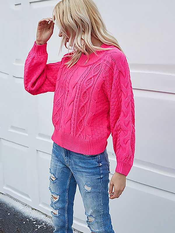 Florescence Pink Round Neck Twisted Flower Pattern Knit Sweaters