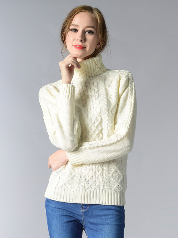 White Roll Neck Medium Knitted Sweaters