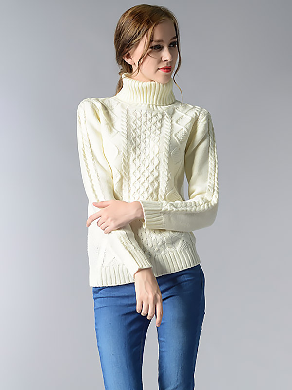 White Roll Neck Medium Knitted Sweaters