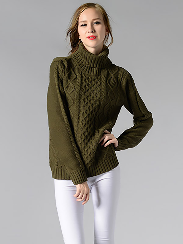 Green Roll Neck Medium Knitted Sweaters