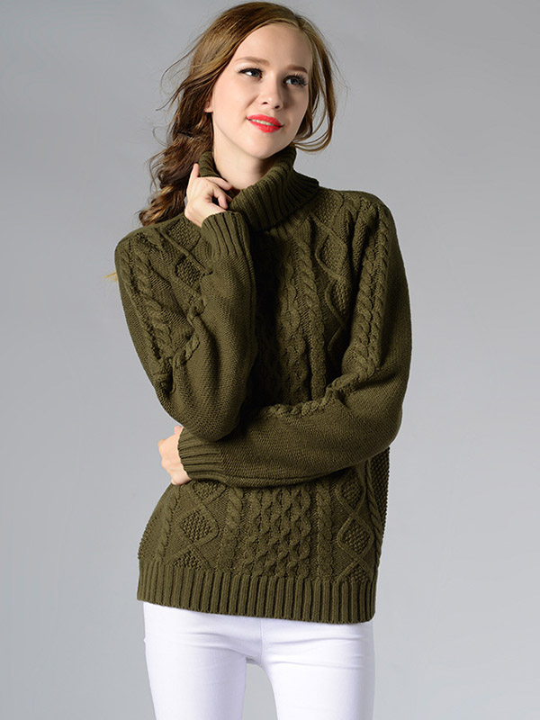 Green Roll Neck Medium Knitted Sweaters