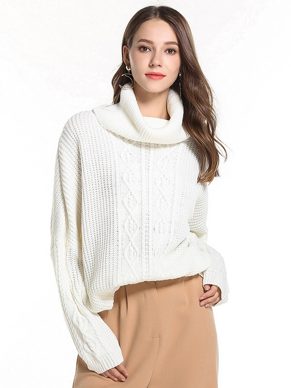 White Oversize Funnel Neck Knit Sweaters