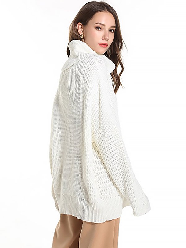 White Oversize Funnel Neck Knit Sweaters