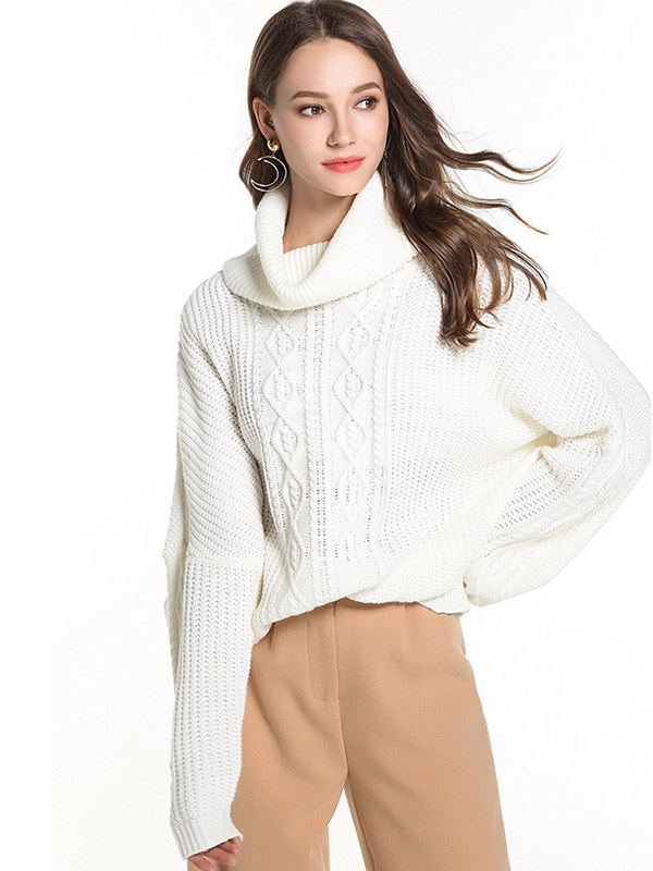 White Oversize Funnel Neck Knit Sweaters