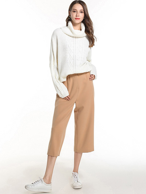 White Oversize Funnel Neck Knit Sweaters