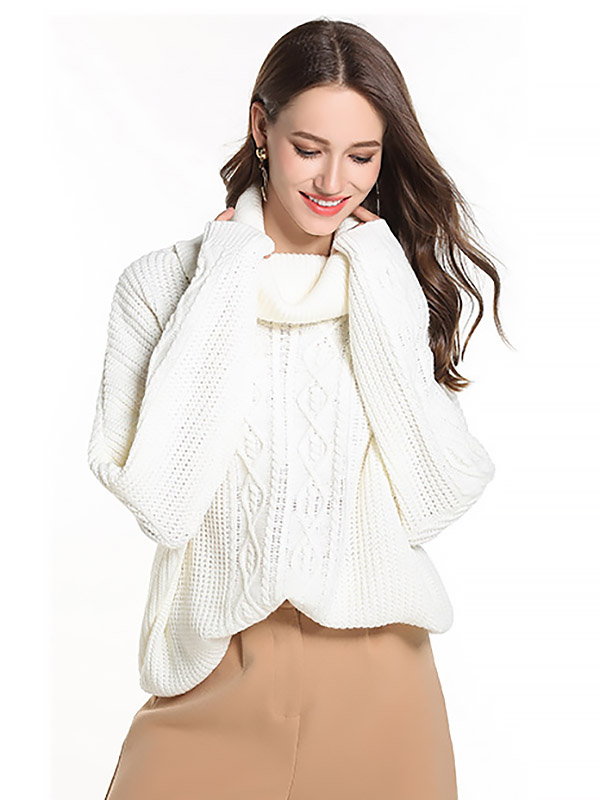 White Oversize Funnel Neck Knit Sweaters