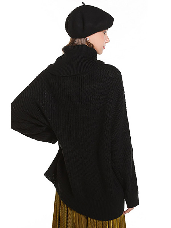 Black Oversize Funnel Neck Knit Sweaters