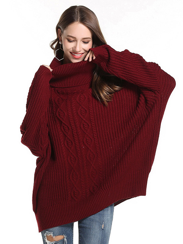 Red Oversize Funnel Neck Knit Sweaters