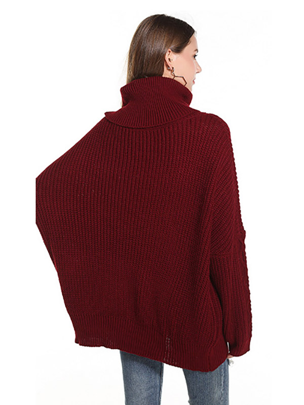 Red Oversize Funnel Neck Knit Sweaters