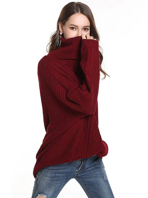 Red Oversize Funnel Neck Knit Sweaters