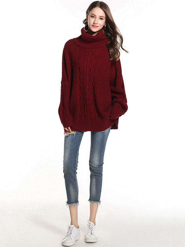 Red Oversize Funnel Neck Knit Sweaters