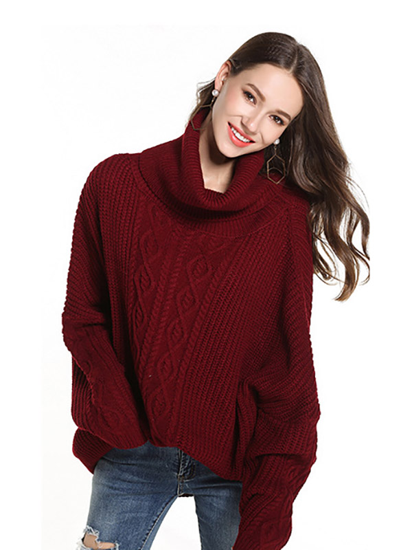 Red Oversize Funnel Neck Knit Sweaters