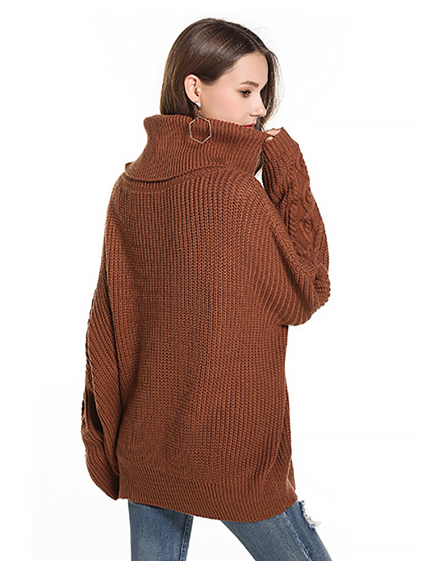 Brown Oversize Funnel Neck Knit Sweaters