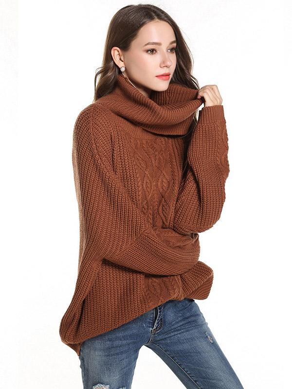 Brown Oversize Funnel Neck Knit Sweaters