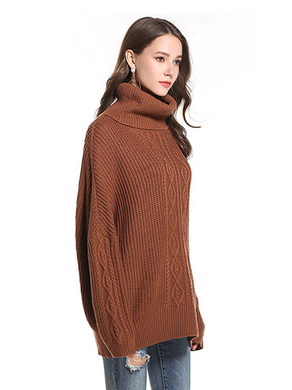 Brown Oversize Funnel Neck Knit Sweaters