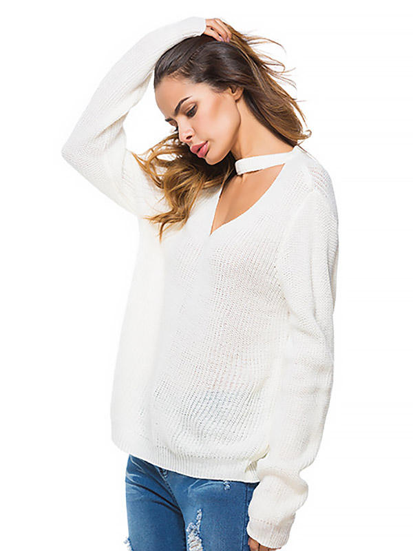 White Deep V Base Knit Sweaters