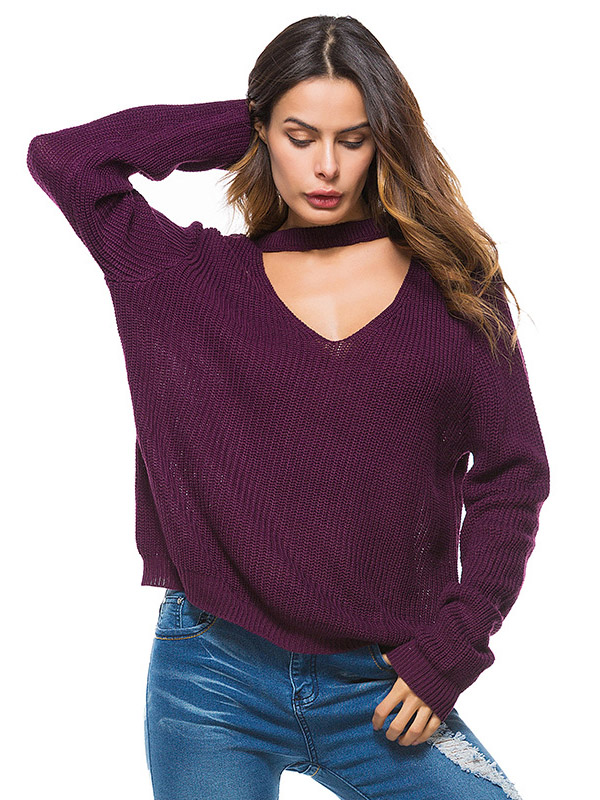 Purple Deep V Base Knit Sweaters