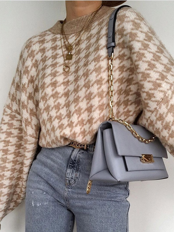 Khaki Retro Houndstooth Pattern Knit Sweaters