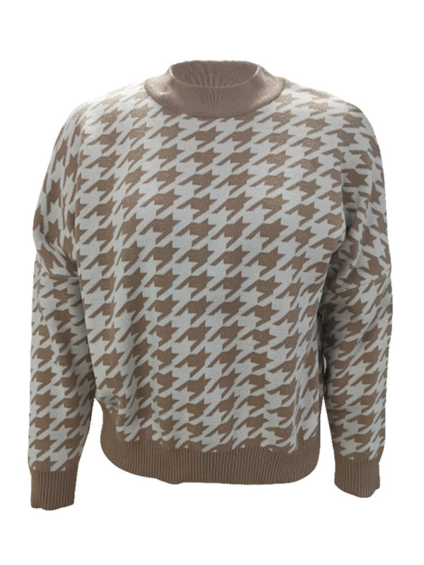 Khaki Retro Houndstooth Pattern Knit Sweaters