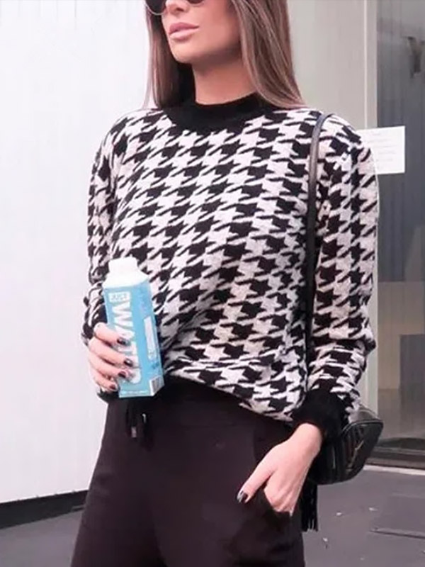 Black Retro Houndstooth Pattern Knit Sweaters