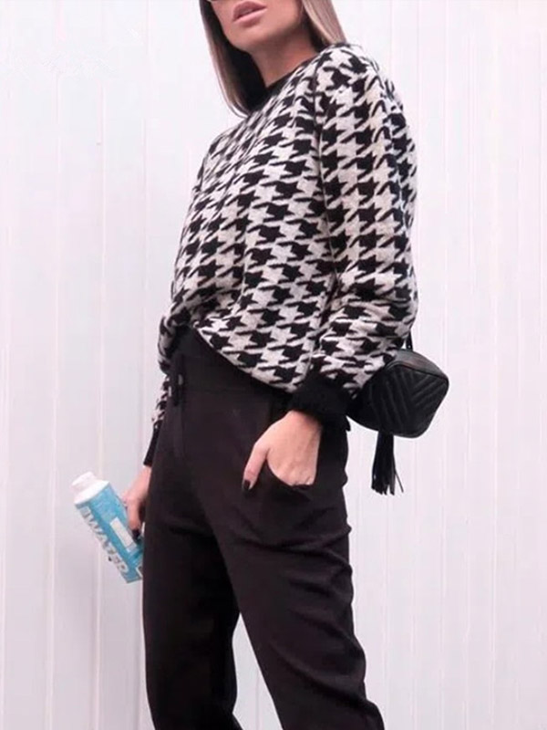 Black Retro Houndstooth Pattern Knit Sweaters