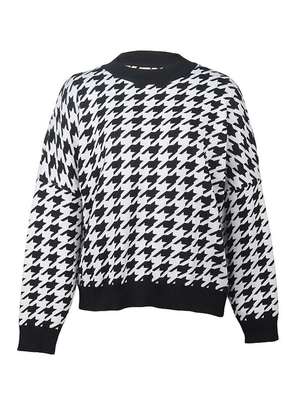 Black Retro Houndstooth Pattern Knit Sweaters