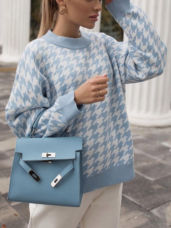 Blue Retro Houndstooth Pattern Knit Sweaters