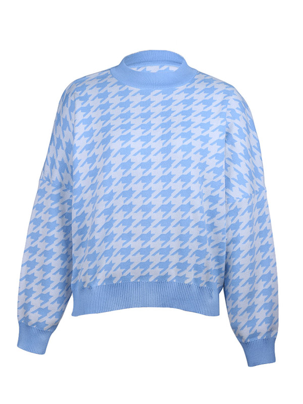 Blue Retro Houndstooth Pattern Knit Sweaters