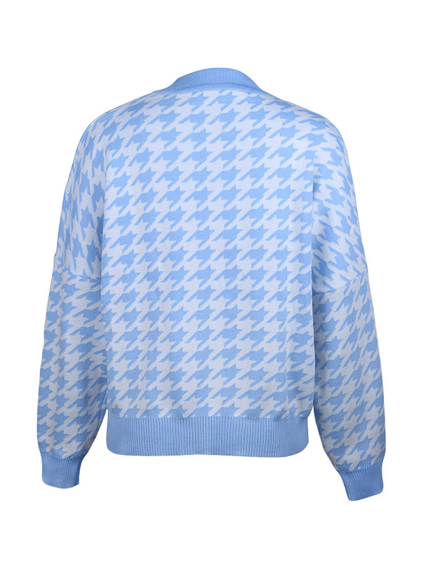 Blue Retro Houndstooth Pattern Knit Sweaters