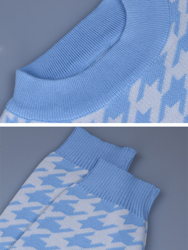 Blue Retro Houndstooth Pattern Knit Sweaters