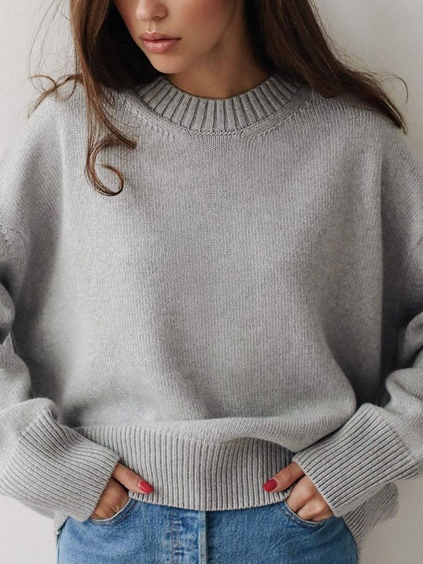 Grey Casual Solid Color Knit Sweaters