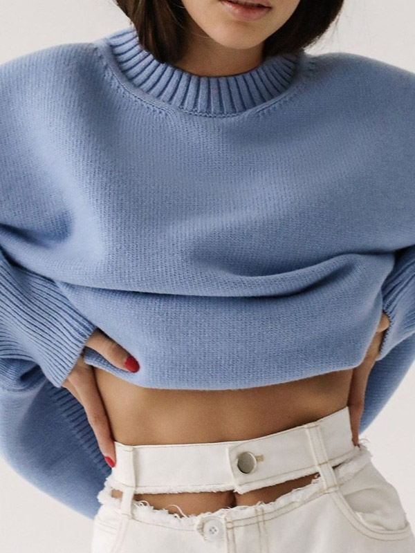 Blue Casual Solid Color Knit Sweaters