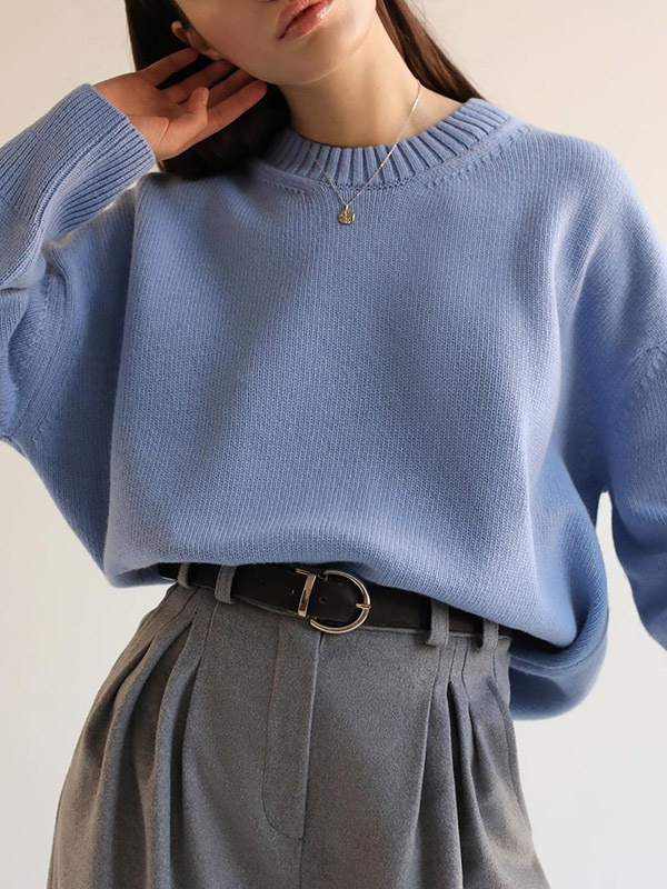 Blue Casual Solid Color Knit Sweaters