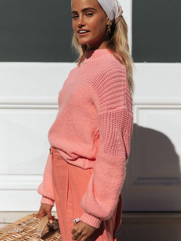 Pink Round Neck Fashionable Knit Sweaters