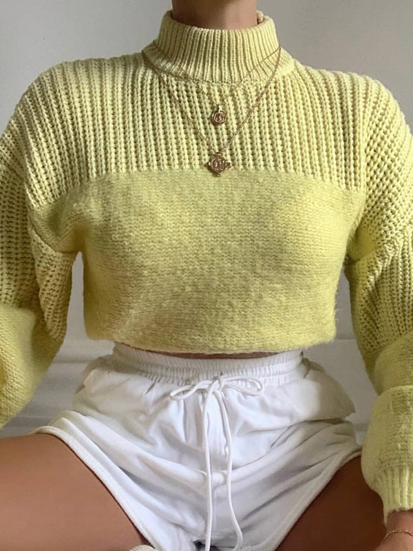 Yellow Round Neck Fashionable Knit Sweaters