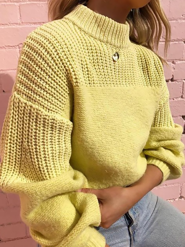 Yellow Round Neck Fashionable Knit Sweaters