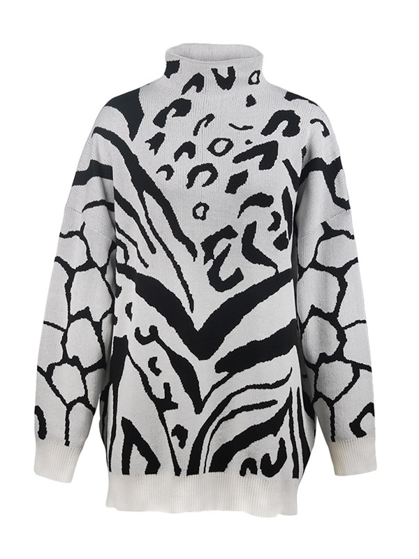 White Oversize Zebra Pattern Knit Sweaters