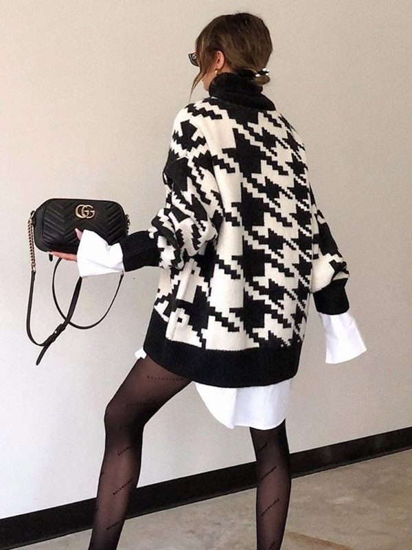 Black Oversize Houndstooth Knit Sweaters