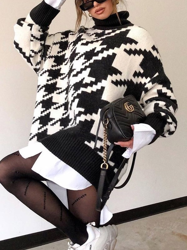 Black Oversize Houndstooth Knit Sweaters