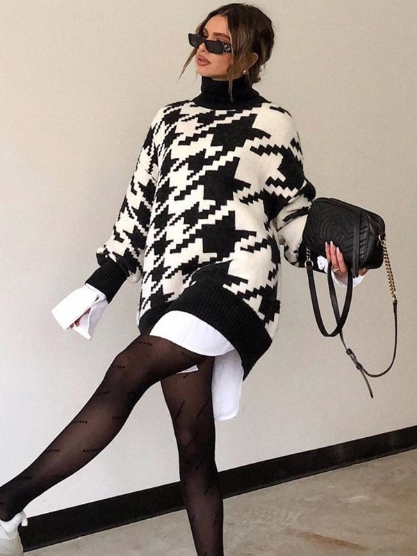 Black Oversize Houndstooth Knit Sweaters