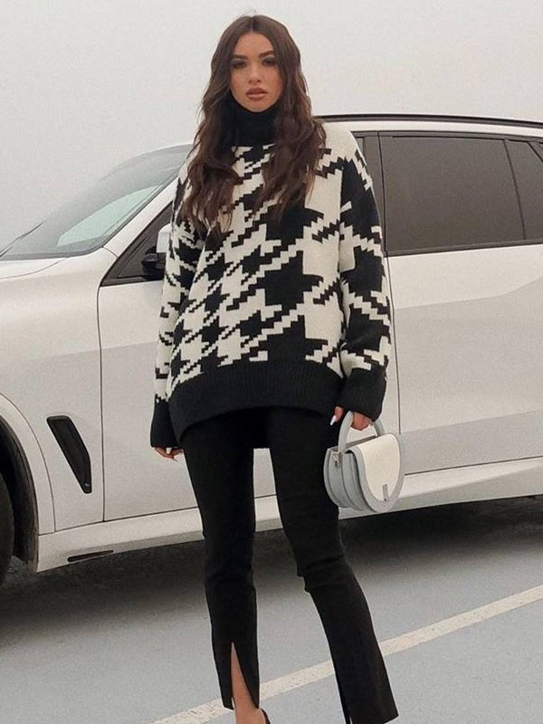 Black Oversize Houndstooth Knit Sweaters