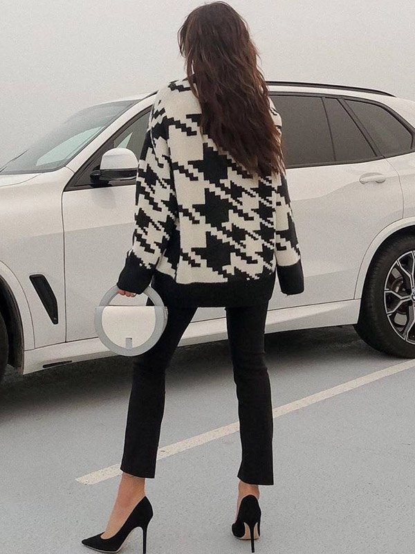 Black Oversize Houndstooth Knit Sweaters