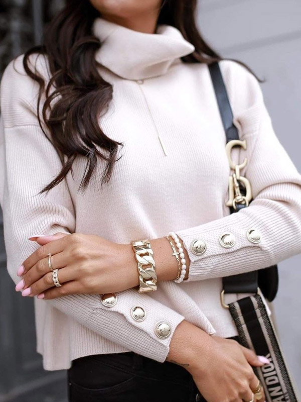 White Funnel Neck Solid Color Knit Sweaters