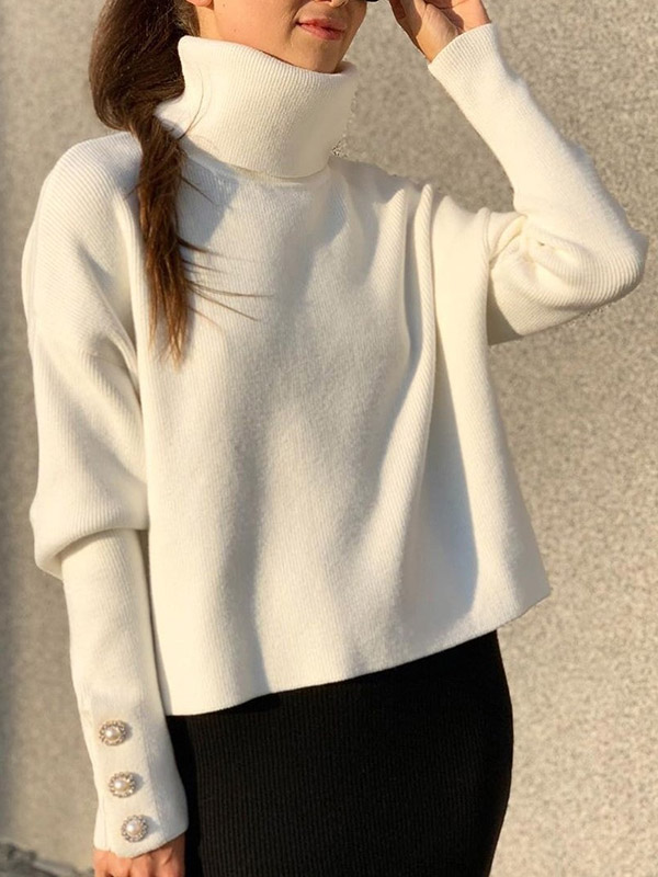 White Funnel Neck Solid Color Knit Sweaters