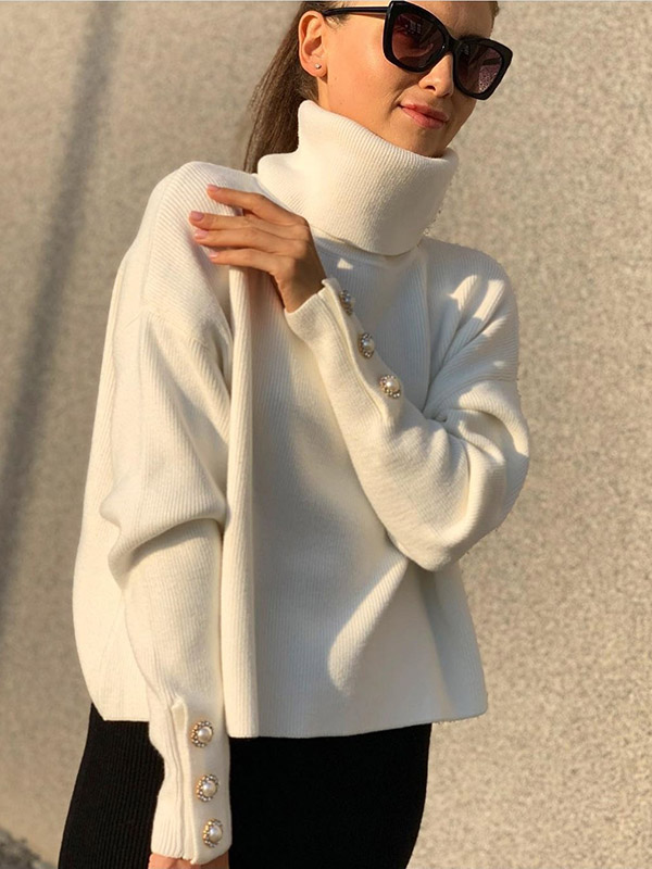 White Funnel Neck Solid Color Knit Sweaters