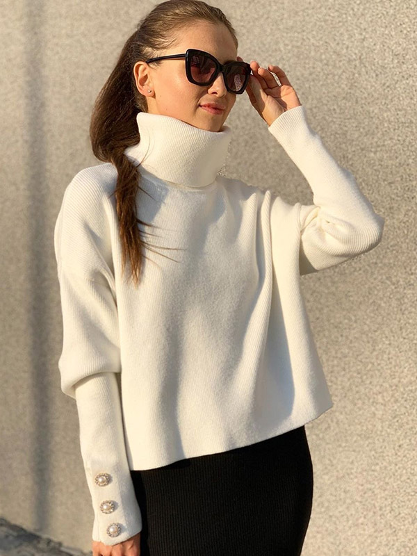 White Funnel Neck Solid Color Knit Sweaters