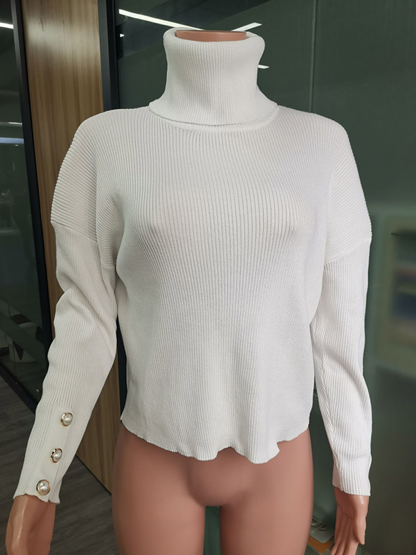 White Funnel Neck Solid Color Knit Sweaters